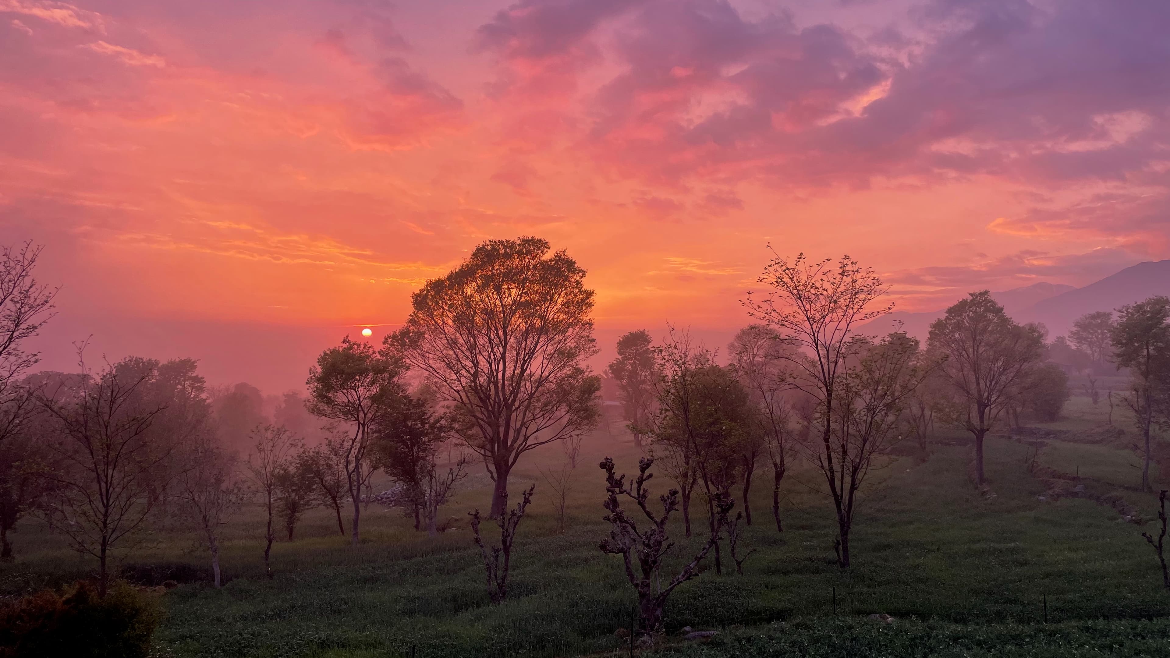 Sunset with fog over landscape
